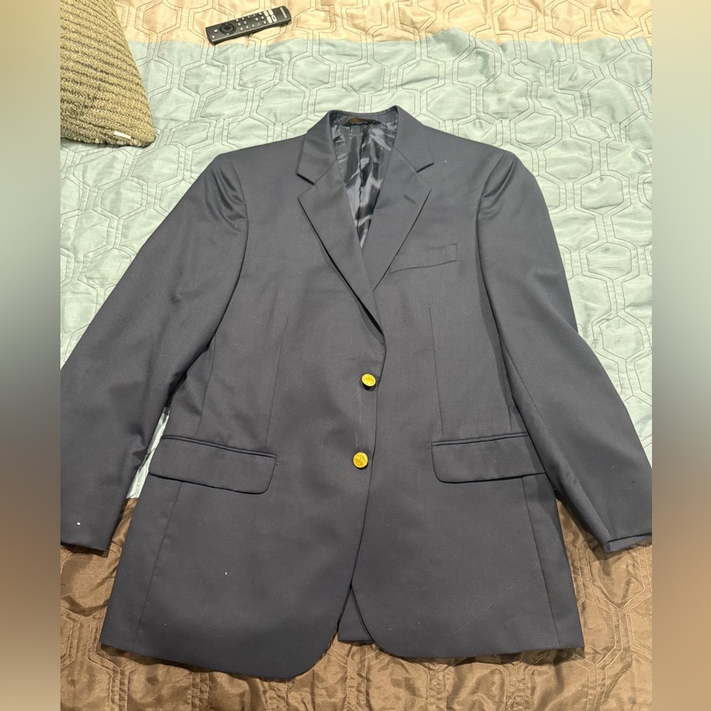 Brooks Brothers 346 Navy Blue 2 Gold Button Mens Blazer Size 40 Reg 100% Wool